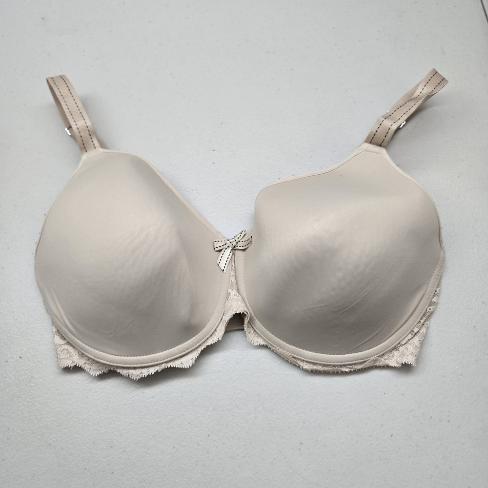 Chantelle Women Bra 32DDDD Beige T Shirt Underwired Bow Lace Logo Strap